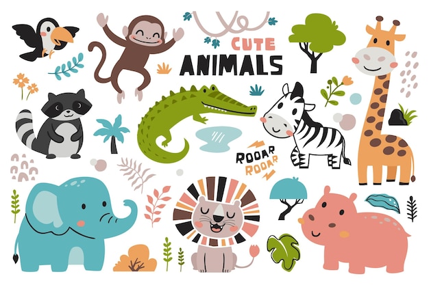 Happy animal lion and friends clip art for kids