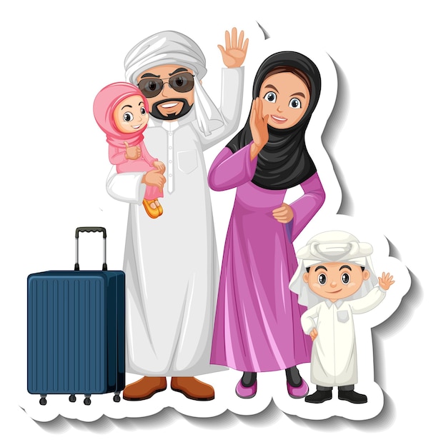 Happy Arab family cartoon character sticker on white background