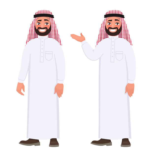 Happy arab man in national clothes on white background