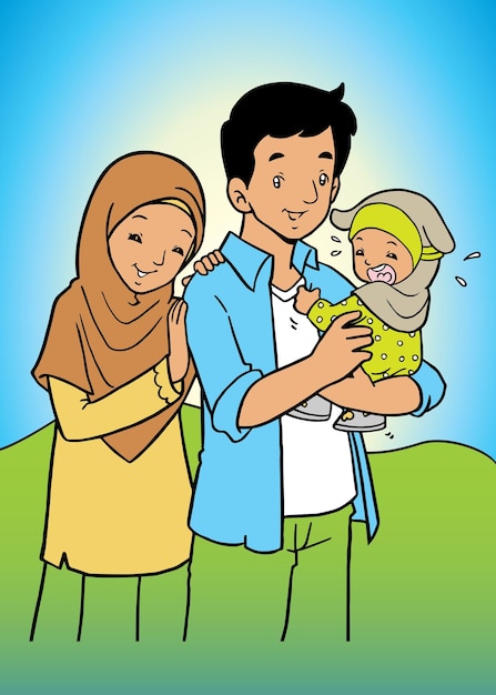 Happy Asian muslim family vector illustration