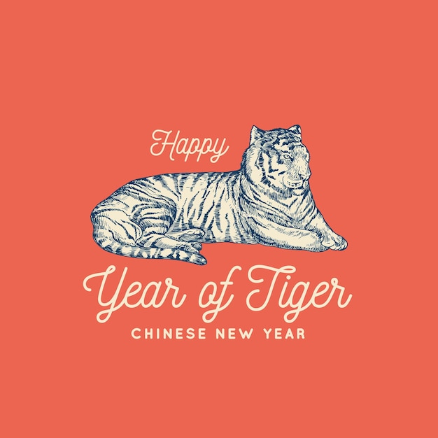 Happy Asian New Year 2022 Greeting Card Template. Hand Drawn Tiger Lying Chinese Zodiac Sign Label on Red Background. Oriental Holiday Symbol. Isolated.