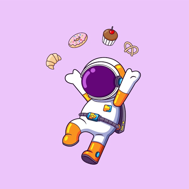 The happy astronaut is jumping and throwing a cookies and the sweet dessert