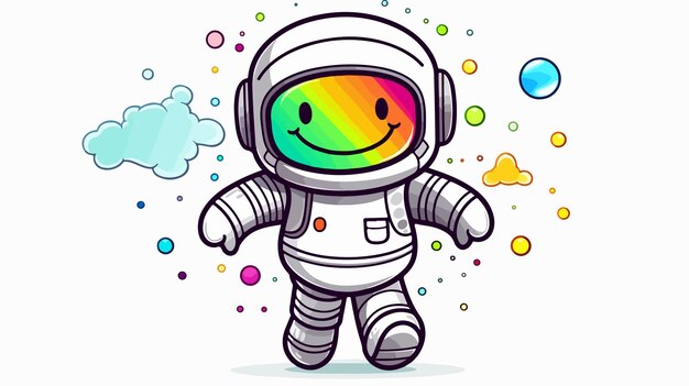 Vector happy astronaut rainbow gradient line drawing in space