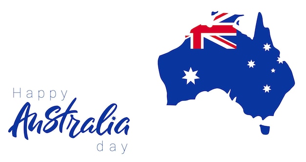 Happy Australia day banner. Map of Australia with flag. Australia lettering on background of blue Map. Vector illustration