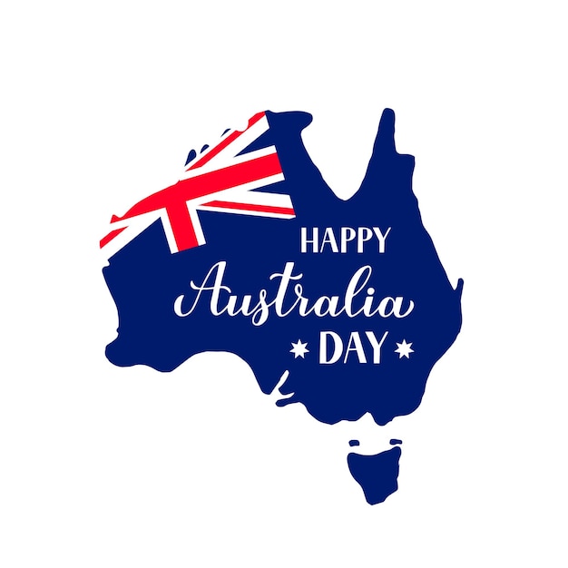 Happy Australia day calligraphy hand lettering with Australian map and flag isolated on white background Easy to edit vector template for banner typography poster greeting card flyer sticker