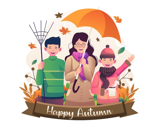 Happy Autumn celebration with people with umbrella and enjoying a hot cup drink concept illustration