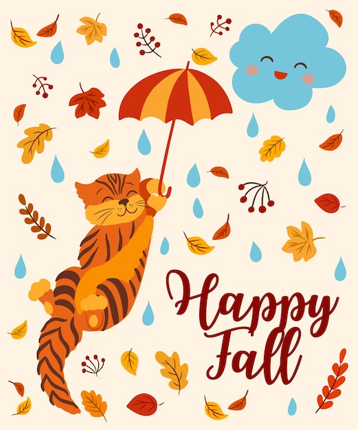 Happy Autumn falling leaves and cute funny cat with umbrella vector banner