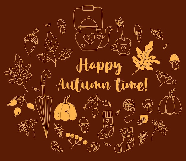 Happy autumn time doodle set Acorn and mushrooms autumn leaves and umbrella knitted socks pumpkin