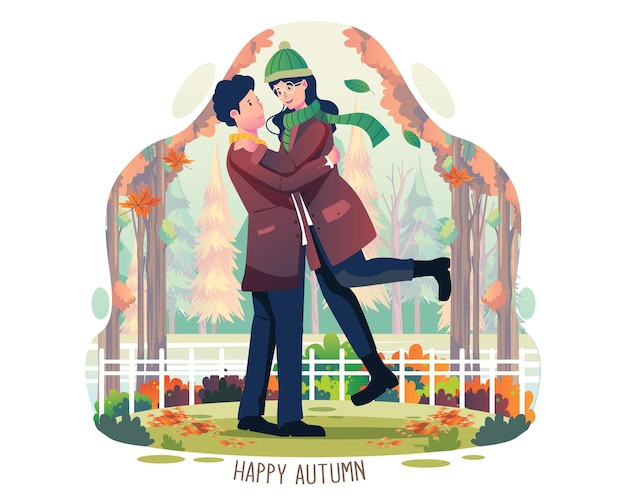 Happy autumn with a couple walking is hugging in the autumn park concept illustration