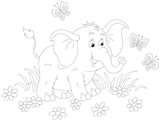 Happy baby elephant playing with merrily fluttering butterflies among summer field flowers