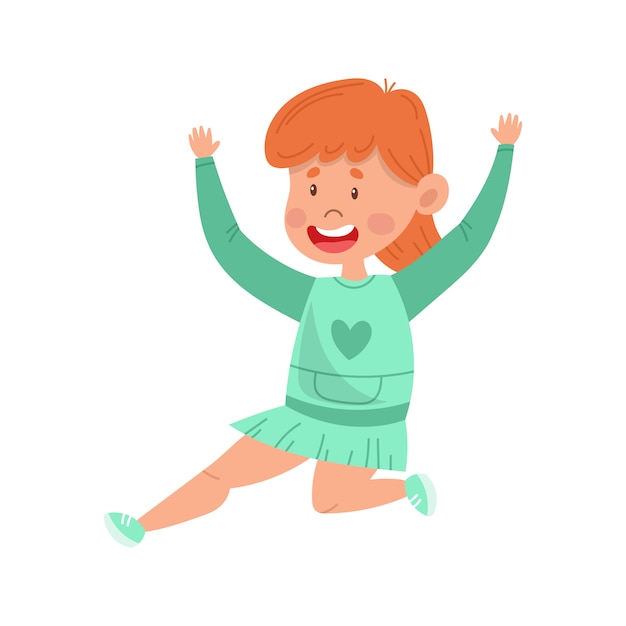 Happy baby girl. A cheerful child joyfully jumps, dances funny.