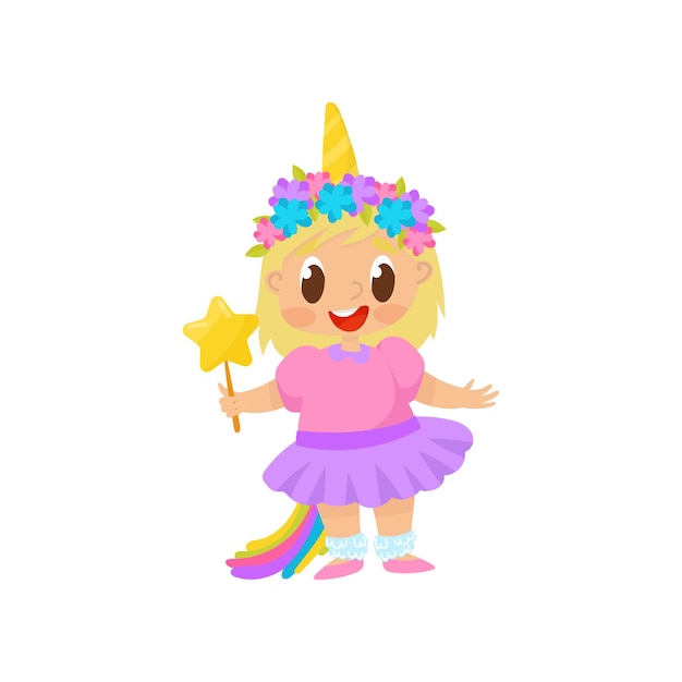 Happy baby girl in pink unicorn costume with magic wand vector Illustration on a white background