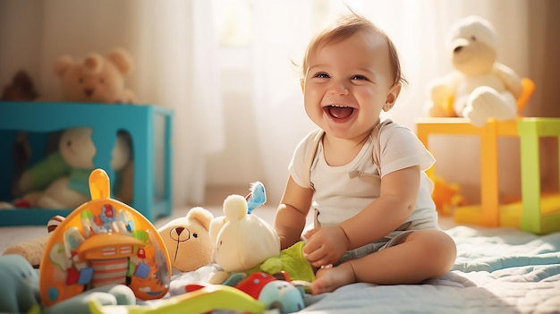 a happy baby playing on play matt dressed cute with a toy