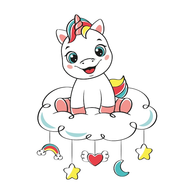 Happy baby unicorn sitting on cloud