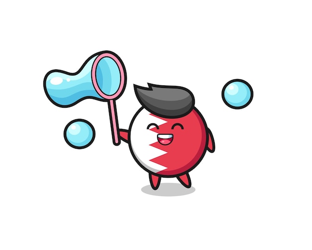 Happy bahrain flag badge cartoon playing soap bubble , cute style design for t shirt, sticker, logo element