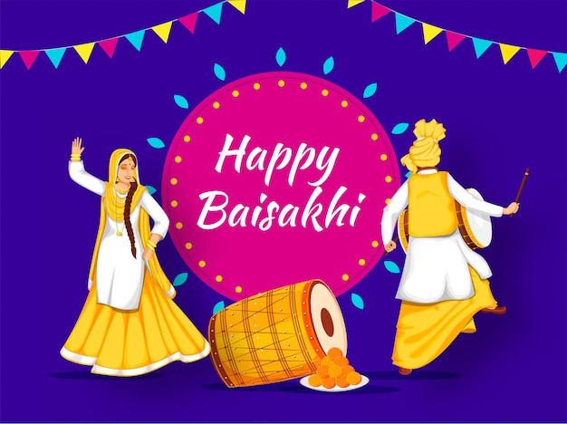 Happy Baisakhi Festival with Punjabi Couple Dancing, Traditional Instrument, and Sweet.