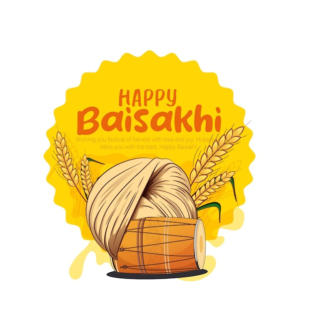 Happy Baisakhi header or banner design. Punjabi festival, Illustration of dhol, ear of wheat.