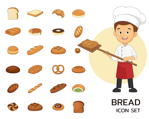 Vector happy baker holding breads concept flat icons.