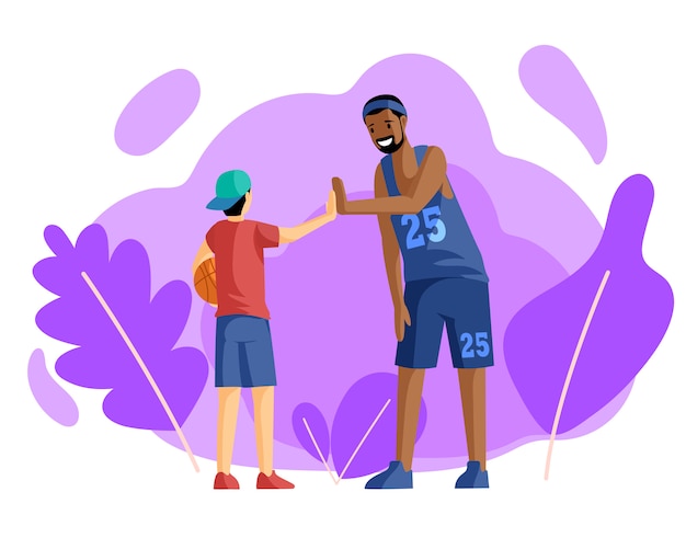 Happy basketball players giving high five flat illustration. Sport training, activity. Team spirit, coach in uniform and little basketball player with ball cartoon characters