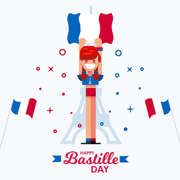 Happy Bastille Day 14 July Eiffel Tower National Day of France girl people with flag placard poster