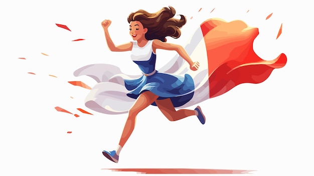 Vector happy bastille day celebration girl running with french flag on 14th july