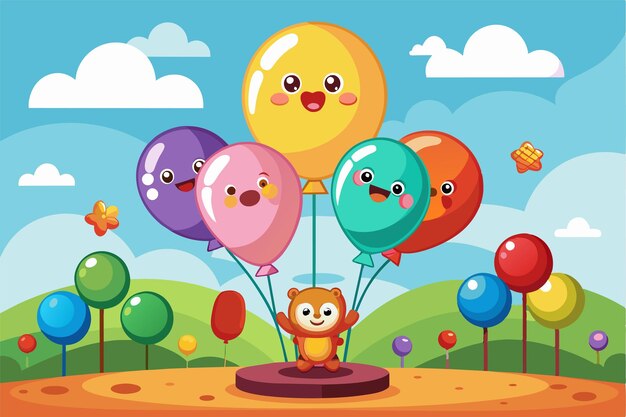 Vector a happy bear stands on a platform joyfully holding vibrant balloons amidst a colorful landscape of trees and fluffy clouds