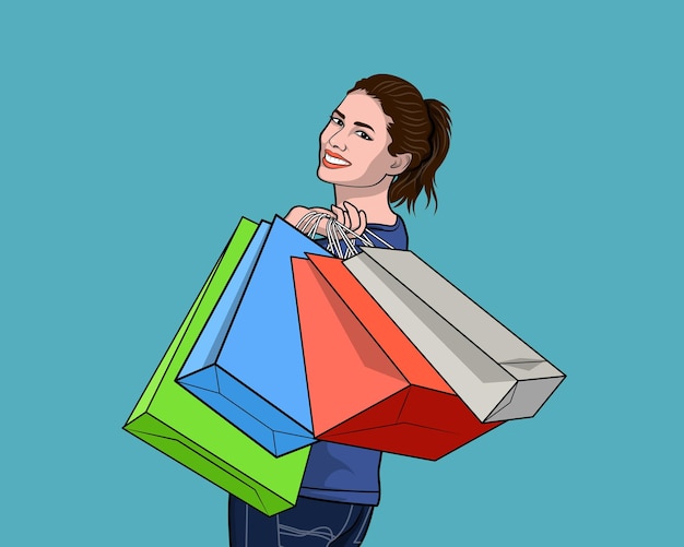 Happy beautiful shopping girl with bag cartoon vector illustration