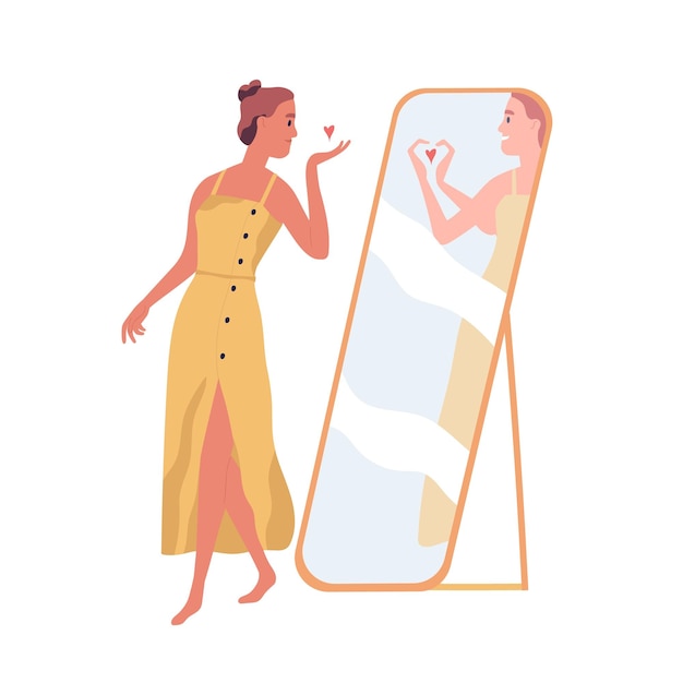 Happy beautiful woman sending air kiss to her mirror reflection. Self-love and acceptance concept. Person with healthy self-perception. Colored flat vector illustration isolated on white background.