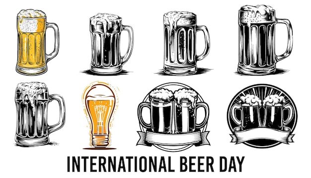 Vector happy beer day set of different types of beer glasses hand drawn vector illustration