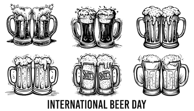 Vector happy beer day set of different types of beer glasses hand drawn vector illustration