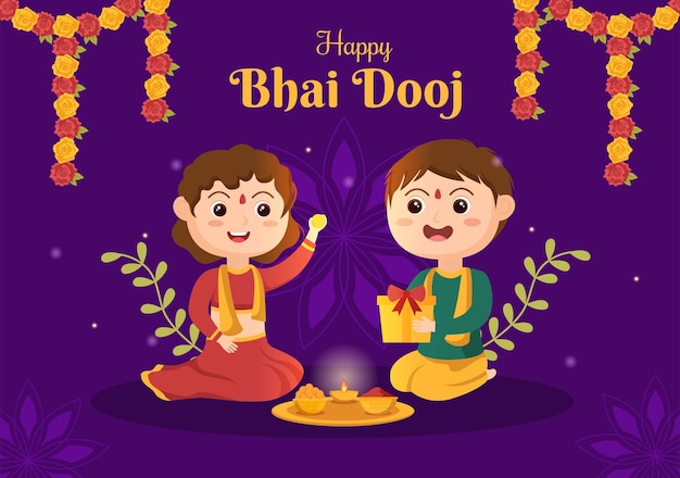 Happy Bhai Dooj Indian Festival Celebration Hand Drawn Cartoon Illustration