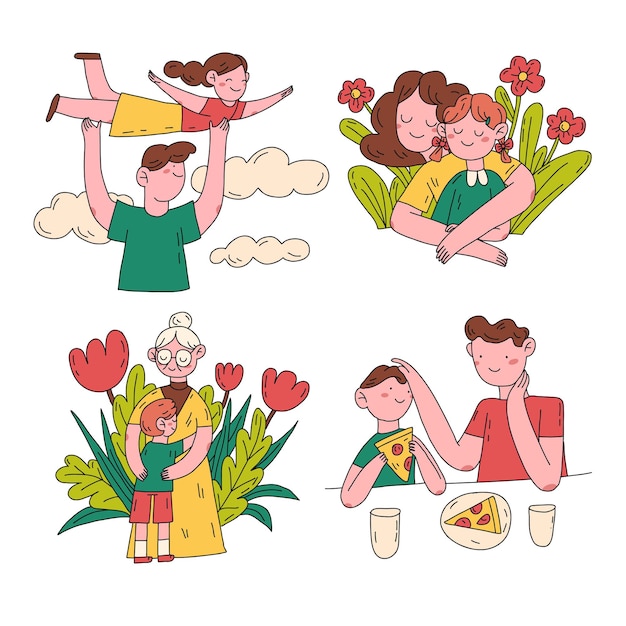 Happy big family together flat vector illustration set. Grandma, grandpa, mom, dad, children.