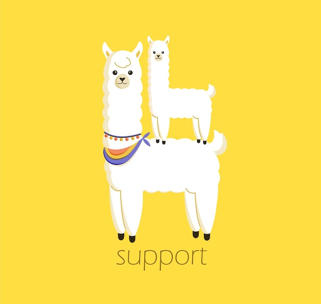 Happy big white lama supporting baby lama