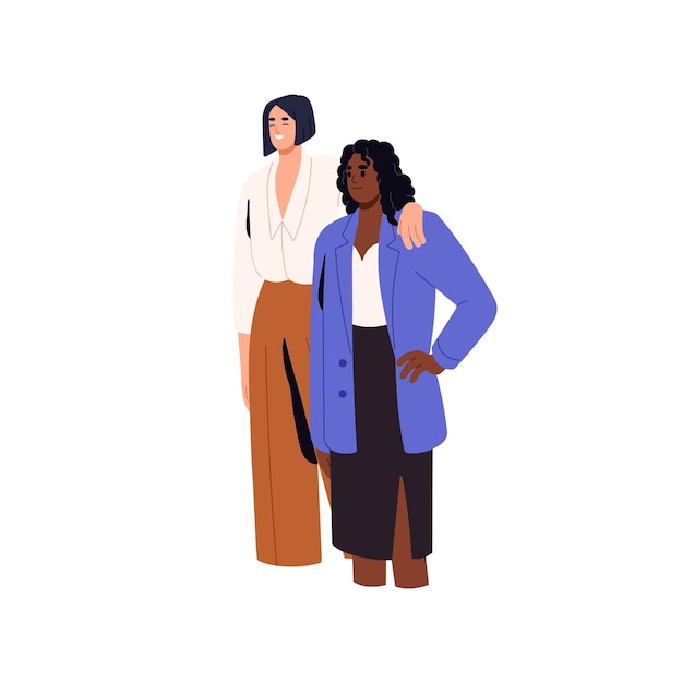 Happy biracial women hugging smiling Diverse female business partners standing together Colleagues friends office workers of different race Flat vector illustration isolated on white background