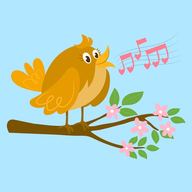 Happy bird singing in spring floral branch