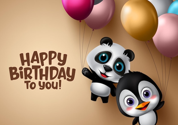 Happy birthday animal kids vector banner Happy birthday animal kids party with flying panda