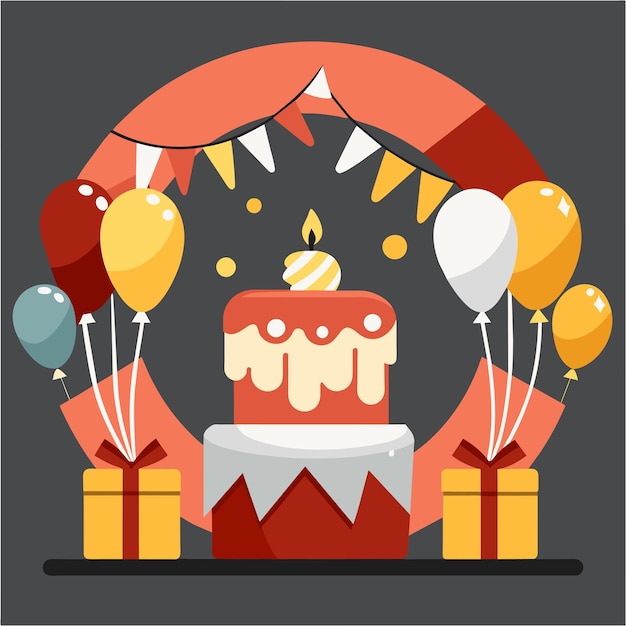 Happy birthday background with balloons cap cake and photo frame hand drawn sticker icon concept