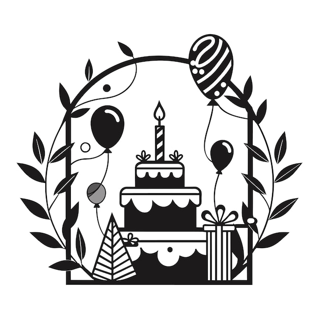 Happy birthday background with balloons cap cake and photo frame hand drawn sticker icon concept