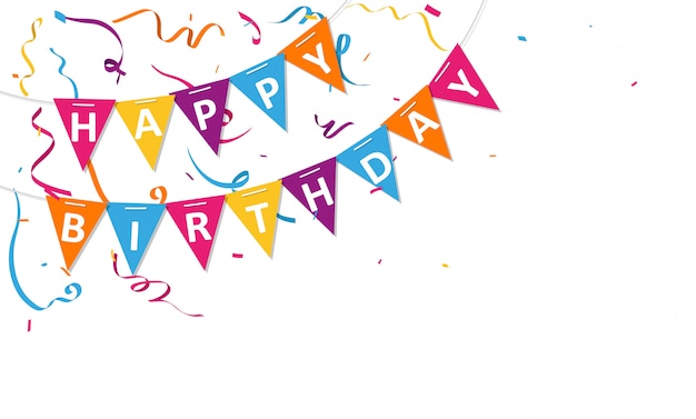 Happy birthday background with bunting flags and confetti 