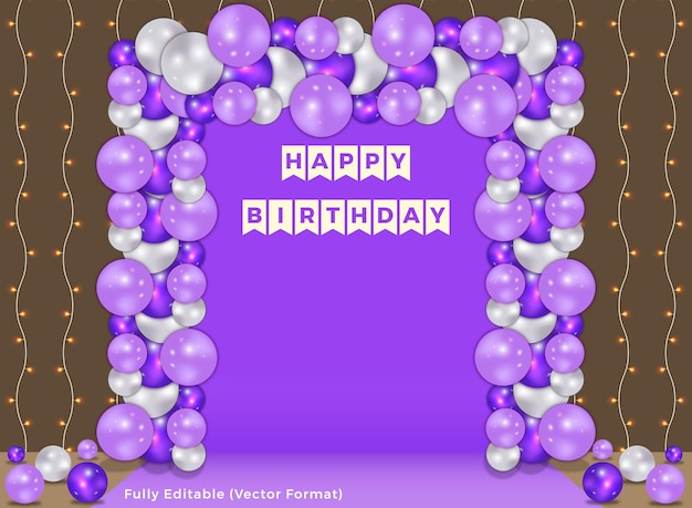 Happy birthday background with purple balloons and lights