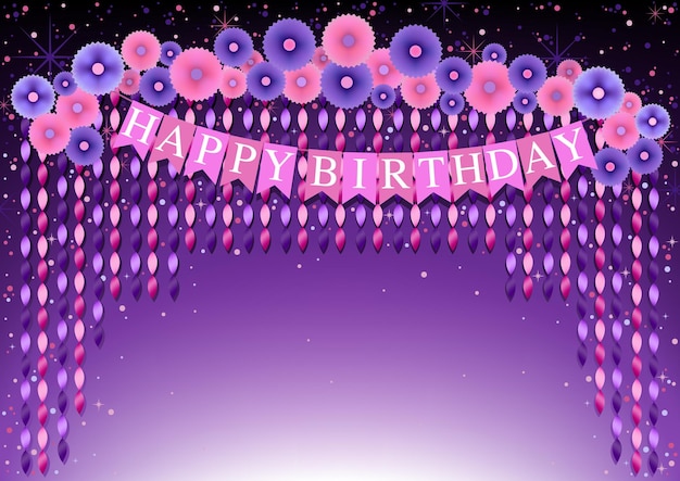 Happy Birthday Background with Purple and Pink Paper Flowers