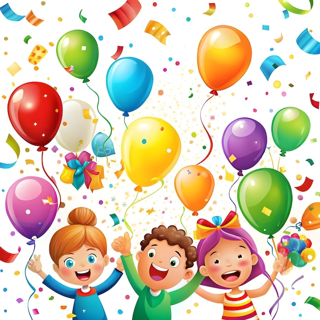 Vector happy birthday banner colorful balloons confetti children laughing