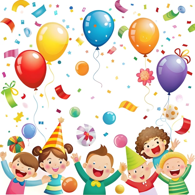 Vector happy birthday banner colorful balloons confetti children laughing