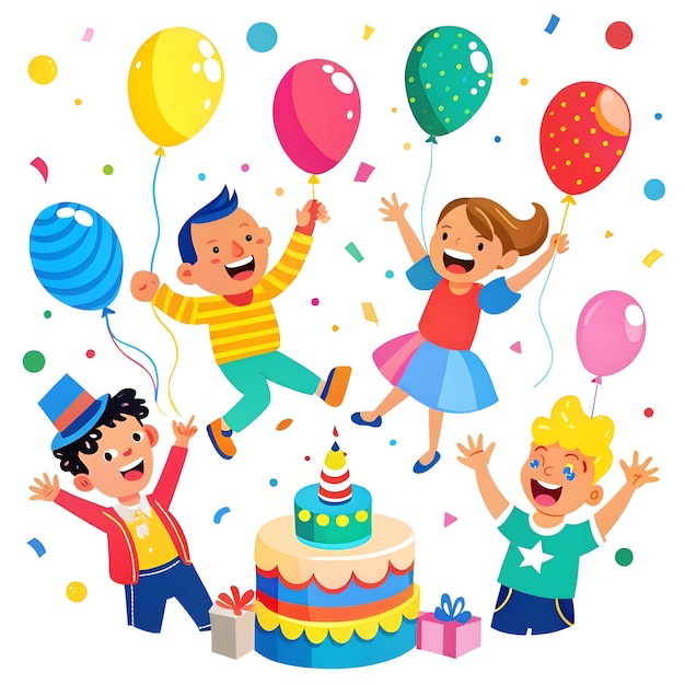 Vector happy birthday banner colorful balloons confetti children laughing