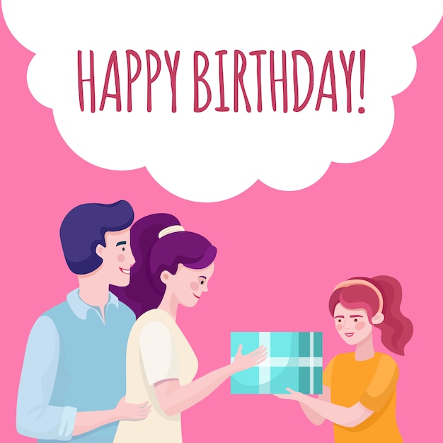 Happy birthday banner design template. Family congratulating daughter flat illustration.