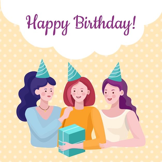 Happy birthday banner design template. Women celebrating birthday, offering gift.