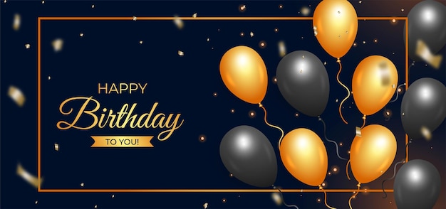 Happy birthday black background with realistic balloons. Happy birthday banner with golden confetti. Birthday celebration banner. realistic black and golden balloons, light effect background.