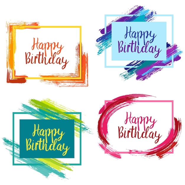 Happy Birthday borders with pink blue and yellow painted brushstroke backgrounds Design templates