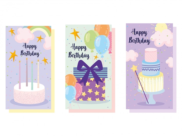 Happy birthday, cake balloons and candles banner