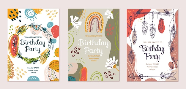 Vector happy birthday cake greeting confetti card set flat graphic design illustration